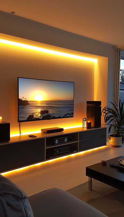 A modern living room features a wall-mounted flat-screen TV displaying a sunset over the ocean. Warm LED lights illuminate the TV area, enhancing the cozy ambiance. Below the TV are shelves with electronic devices and a tall potted plant to the right.