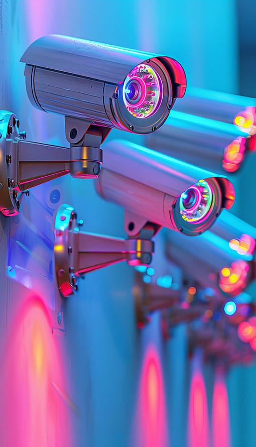 Close-up of multiple surveillance cameras mounted on a wall, each emitting colorful LED lights in hues of blue, pink, and purple. The image has a futuristic, vibrant appearance due to the lighting effects.