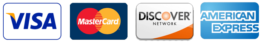 Image showing logos for four major credit card networks from left to right: Visa, MasterCard, Discover, and American Express.